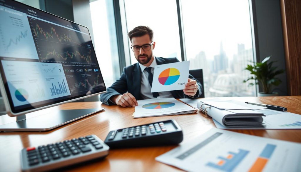 A close-up of a financial analyst in a modern office, focused on a sleek digital screen displaying various cryptocurrency charts and risk assessment metrics. The foreground features a calculator, graphs, and risk assessment documents laid out on a polished wooden desk, exuding professionalism. In the middle, the analyst, dressed in business attire, examines a colorful pie chart, symbolizing portfolio diversification. The background includes large windows allowing natural light to flood in, showcasing a cityscape, adding depth and a sense of urgency. Soft, diffused lighting enhances the calm yet analytical atmosphere, while a shallow depth of field draws attention to the analyst's concentrated expression. This visual encapsulates the essence of assessing cryptocurrency risk with clarity and professionalism.