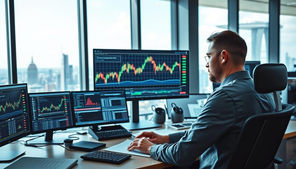 A detailed, high-tech workspace illustrating risk management in forex trading, featuring a modern desk cluttered with analytical charts and trading platforms on multiple screens. In the foreground, a professional in business attire, focused on making strategic decisions, analyzing live market data displayed on the screens. In the middle, a large monitor shows a visually striking graph with fluctuating currency pairs, emphasizing risk assessment. In the background, a sleek city skyline is visible through a large window, symbolizing global markets. The lighting is bright and engaging, highlighting the atmosphere of concentration and opportunity. The overall mood is one of determination and intelligence, capturing the essence of smart trading practices.