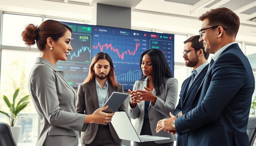 A detailed illustration of forex risk management in a corporate office setting. In the foreground, a diverse group of three professionals—one woman and two men—are engaged in a discussion, analyzing financial graphs and charts on a laptop. They wear smart business attire, conveying a sense of professionalism. The middle ground features a large screen displaying fluctuating currency exchange rates and risk assessment tools, emphasizing the analytical aspect of forex trading. The background shows a modern office with large windows, letting in bright natural light, creating an open and optimistic atmosphere. The scene captures a sense of collaboration and focus, conveying the importance of effective risk management in forex trading. The composition utilizes a wide-angle perspective to encompass all elements harmoniously.