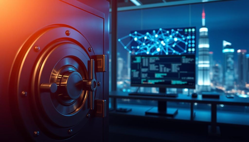 A digital representation of cryptocurrency security measures, featuring a secure vault with high-tech locks and biometric scanners in the foreground. In the middle, a computer screen displays a blockchain network with intricate data flows and security protocols visualized as glowing lines. The background features a futuristic city skyline at night, illuminated by neon lights, symbolizing technological advancement. Soft blue and green lighting enhances the atmosphere of security and trust. The composition conveys a sense of vigilance and professionalism, aimed at investors looking to safeguard their digital assets. Incorporate a shallow depth of field to emphasize the vault and the digital display, capturing a moment of contemplation in a sleek, modern office setting.