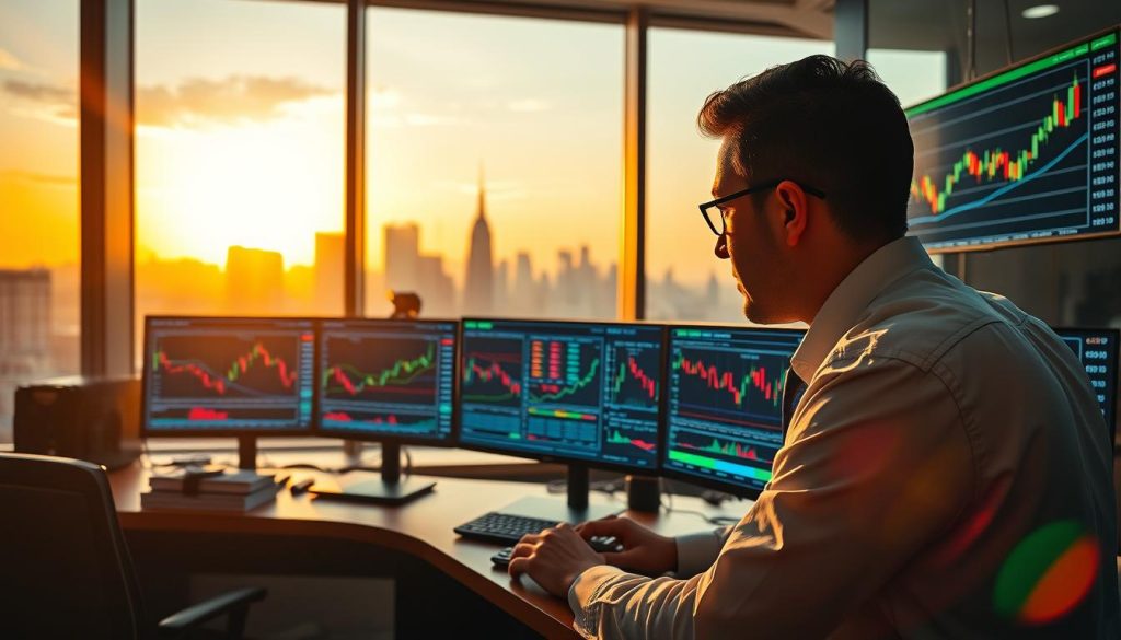 A dynamic Forex trading scene set in a modern office environment. In the foreground, a focused trader in professional business attire analyzes charts on multiple screens displaying various currency pairs and candlestick patterns. The middle ground features large screens showing live Forex market data, with visual indicators highlighting trading strategies. In the background, a city skyline is visible through large windows, illuminated by the warm glow of a sunset, suggesting an active trading session. Soft, ambient lighting creates a professional atmosphere, while a slight lens flare adds depth. The mood reflects concentration and opportunity, embodying the hustle of Forex trading in key global markets like London, New York, and Tokyo.