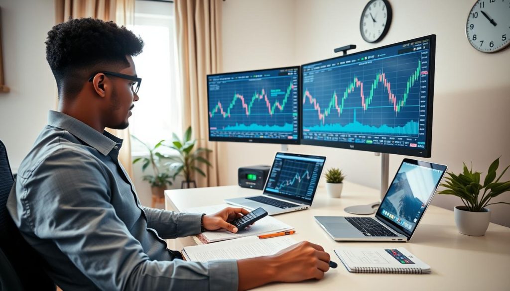 A focused and serene home office scene displaying forex trading with small capital. In the foreground, a diverse young professional in smart casual attire, intently studying candlestick charts on multiple screens, with a notepad and a calculator beside them. The middle layer features a sleek desk with financial reports, a laptop showcasing trading software, and a small plant for a touch of greenery. In the background, soft natural light filters in through a window, illuminating the room and creating a calming atmosphere. A wall clock subtly indicates the passage of time in the fast-paced world of trading. The overall mood is optimistic and focused, highlighting the initial steps of retail forex trading.