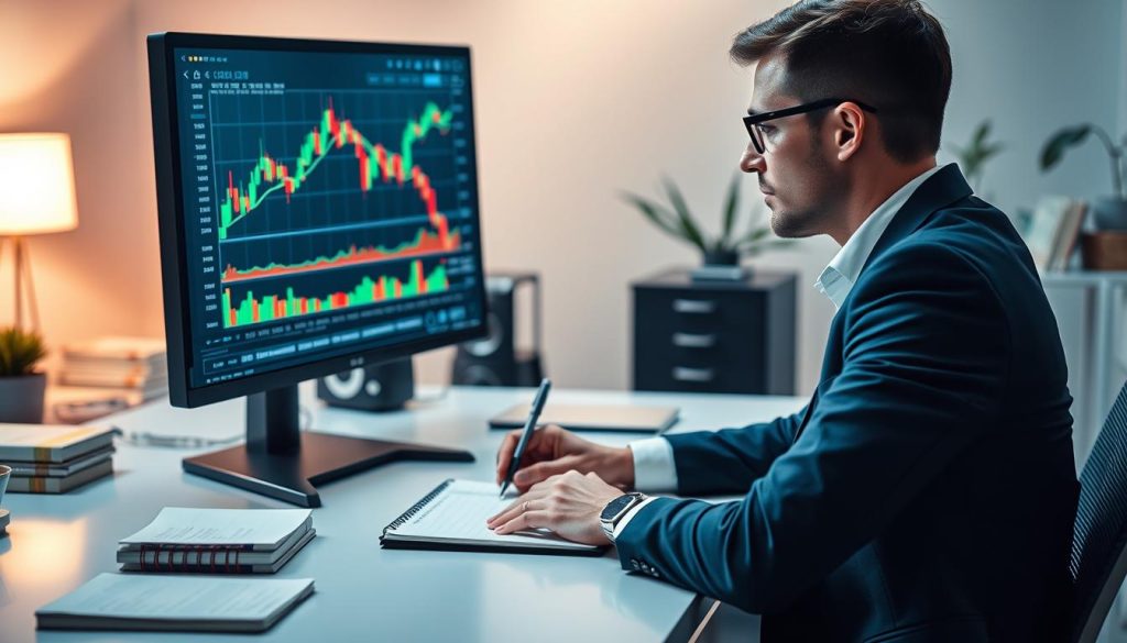 A modern Forex trading workspace featuring a sleek, minimalist desk with a high-resolution monitor displaying a trending currency chart. In the foreground, a professional trader in business attire analyzes data with a focused expression, while a notebook and pen are beside them, suggesting strategy development. The middle ground showcases financial graphs and colorful candlestick patterns on the screen, capturing the concept of a trend-following strategy. In the background, soft ambient lighting creates a calm and focused atmosphere, with elements like financial books and currency symbols subtly enhancing the environment. The overall composition conveys a sense of professionalism, strategy, and dedication to trading success.