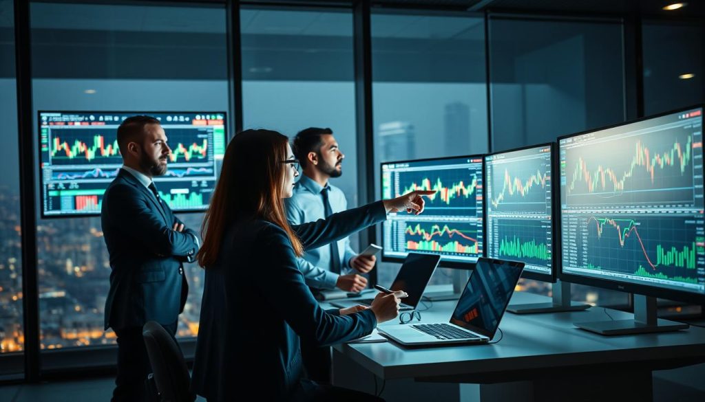 A modern forex trading analysis scene, featuring a diverse group of four professionals in business attire, intently observing multiple computer screens displaying colorful line charts, candlestick graphs, and forex currency pairs. In the foreground, a confident trader points at a screen, while two colleagues take notes. In the middle, a sleek, high-tech desk is equipped with laptops and financial analysis tools, illuminated by soft, focused lighting that creates a sharp contrast between the glowing screens and the dim office environment. In the background, a large window reveals a bustling cityscape, hinting at the global nature of forex trading. The overall atmosphere is one of focus, collaboration, and professionalism, emphasizing the analytical process involved in trading.