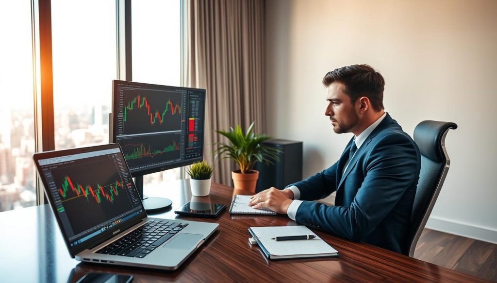 A modern forex trading workstation featuring a sleek desk with dual monitors displaying candlestick charts and forex trading platforms. In the foreground, a laptop is open with analytical software visible, alongside a notepad and pen. A professional in business attire is seated, focused on the screens, with a look of concentration. The middle ground includes a stylish office chair and a potted plant adding a touch of greenery. The background shows a well-lit room with a large window revealing a city skyline, suggesting a bustling financial district outside. Soft natural light filters through the window, creating an optimistic and motivated atmosphere, ideal for beginners embarking on their forex trading journey. The overall mood conveys professionalism and dedication in the world of forex trading.