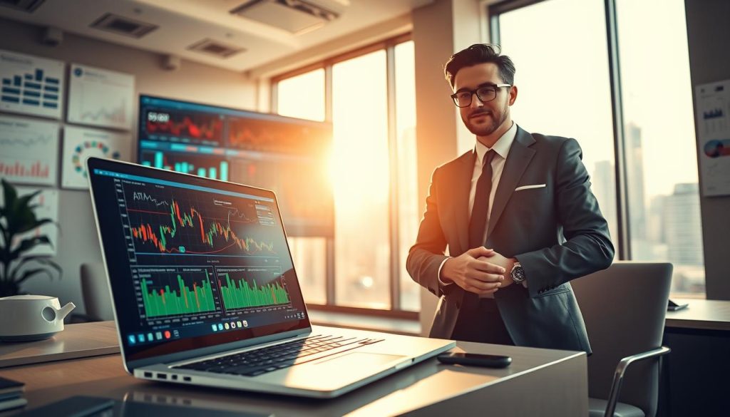 A modern office environment showcasing advanced AI tools for long-term stock investing. In the foreground, a sleek laptop displaying colorful financial graphs and AI algorithms, with a confident business professional in smart attire analyzing the data. The middle ground features a digital screen filled with stock market indicators and AI analytics. In the background, a large window reveals a cityscape with skyscrapers, illuminated by natural daylight streaming in, creating a bright and optimistic atmosphere. The room is adorned with high-tech gadgets like tablets and smart charts on the walls, emphasizing innovation. Use soft, natural lighting to suggest an inviting and dynamic space conducive to strategic thinking and decision-making. The overall mood conveys a sense of empowerment and forward-looking investment strategies.
