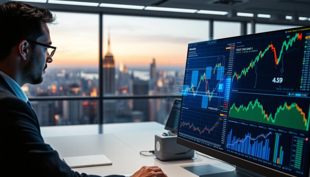 A modern, sleek workspace showcasing advanced AI tools for stock market investing. In the foreground, a high-tech computer screen displaying intricate stock charts and data analytics, with data flowing animatedly. To the left, a professional businessperson in smart attire, deeply focused on analyzing the information. In the middle ground, a holographic AI interface generating predictions and trends, subtly glowing in blue and green hues. The background features a panoramic view of a bustling city skyline, symbolizing financial markets. Soft, ambient lighting creates a focused environment, enhancing the mood of innovation and ambition, with a slightly blurred depth of field for a professional atmosphere.