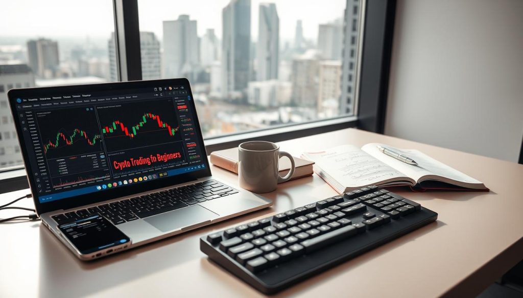 A modern workspace featuring essential crypto trading tools. In the foreground, a sleek laptop displaying a vibrant cryptocurrency trading dashboard with charts and graphs, surrounded by a smartphone with trading apps open. A high-end mechanical keyboard and a notepad with trading annotations emphasize the workspace's focus. In the middle ground, a clean, organized desk includes a financial book titled "Crypto Trading for Beginners" and a stylish coffee mug. The background features a large window with a city skyline, bathed in soft, natural light, creating a bright and motivated atmosphere. The camera angle is slightly above the desk, capturing the entire scene while maintaining a professional look. Overall, the mood reflects energy and focus, ideal for beginner traders. A modern workspace featuring essential crypto trading tools. In the foreground, a sleek laptop displaying a vibrant cryptocurrency trading dashboard with charts and graphs, surrounded by a smartphone with trading apps open. A high-end mechanical keyboard and a notepad with trading annotations emphasize the workspace's focus. In the middle ground, a clean, organized desk includes a financial book titled "Crypto Trading for Beginners" and a stylish coffee mug. The background features a large window with a city skyline, bathed in soft, natural light, creating a bright and motivated atmosphere. The camera angle is slightly above the desk, capturing the entire scene while maintaining a professional look. Overall, the mood reflects energy and focus, ideal for beginner traders.