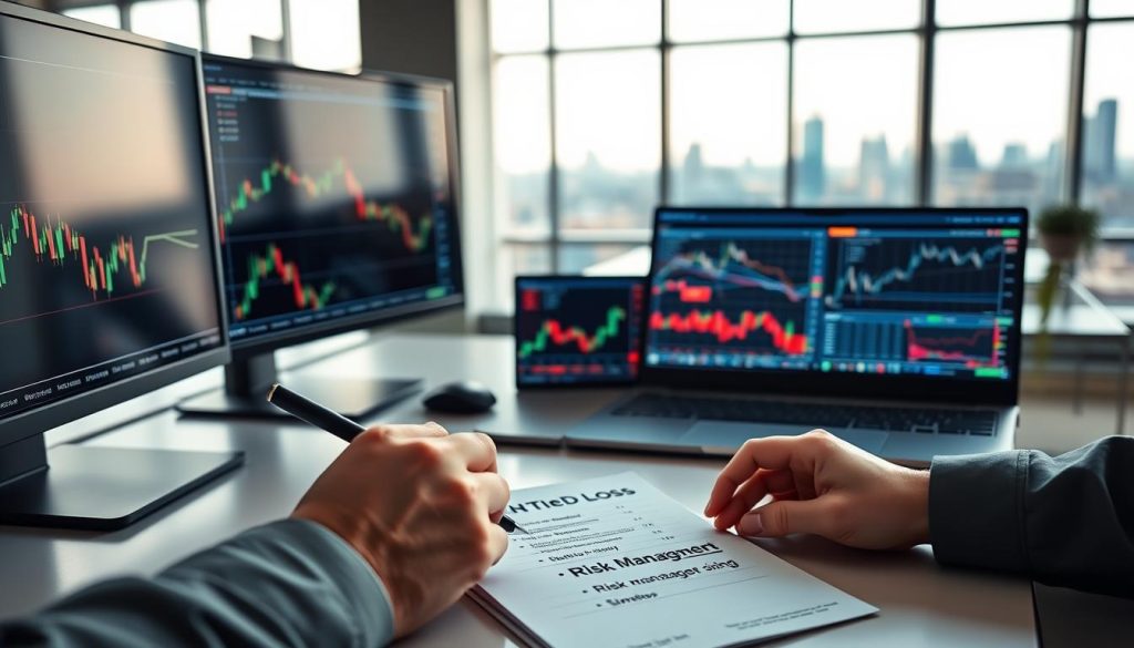 A professional Forex trading workspace featuring a clean desk with dual monitors displaying forex charts and analytics. In the foreground, a pair of hands analyzing data, holding a pen, and making notes on a notepad labeled with risk management techniques like "stop loss" and "position sizing." In the middle, a stylish laptop open to a trading platform interface, with colorful graphs and risk management tools visible. The background depicts a financial market atmosphere with a soft-focus view of a modern office, large windows showing a city skyline during daylight. Soft, natural lighting illuminates the scene, creating a calm and focused ambiance, conveying a sense of professionalism and strategic planning in forex risk management.