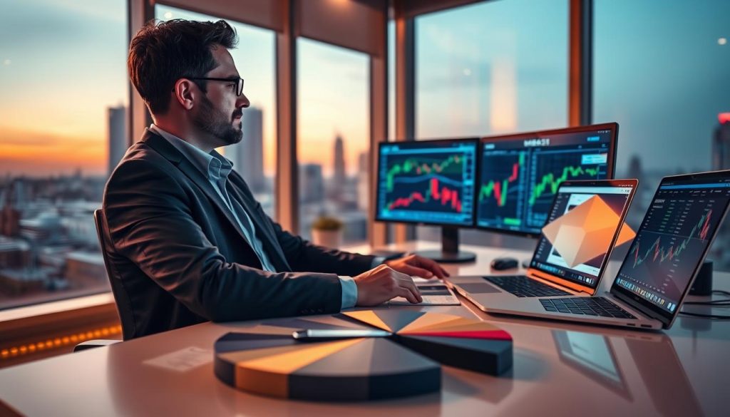 A professional finance expert analyzing cryptocurrency charts, seated at a modern desk with multiple monitors displaying graphs and market trends. In the foreground, a detailed pie chart symbolizes risk diversification, accompanied by a laptop showing a live trading interface. The background features a city skyline through a large window, a hint of dusk enhancing the ambient light. Warm but focused lighting illuminates the scene, casting a soft glow on the expert, who is dressed in business attire, exuding a confident yet cautious demeanor. The overall mood conveys a sense of calculated strategy and financial vigilance, representing the importance of risk management in crypto trading. A professional finance expert analyzing cryptocurrency charts, seated at a modern desk with multiple monitors displaying graphs and market trends. In the foreground, a detailed pie chart symbolizes risk diversification, accompanied by a laptop showing a live trading interface. The background features a city skyline through a large window, a hint of dusk enhancing the ambient light. Warm but focused lighting illuminates the scene, casting a soft glow on the expert, who is dressed in business attire, exuding a confident yet cautious demeanor. The overall mood conveys a sense of calculated strategy and financial vigilance, representing the importance of risk management in crypto trading.