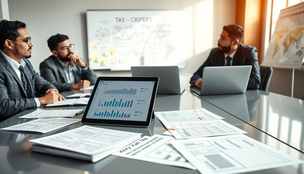 A professional office setting featuring a diverse group of three individuals, two men and one woman, dressed in business attire, engaged in a thoughtful discussion around a sleek conference table. In the foreground, detailed notes and paperwork related to cryptocurrency tax forms are visible. The middle ground includes a digital tablet displaying graphs and charts related to cryptocurrency investments, while a laptop is open with financial software on the screen. The background shows a whiteboard filled with tax-related diagrams and post-it notes. Soft, natural lighting filters in through large windows, casting a warm glow over the scene. The atmosphere is one of collaboration and focus, illustrating the complexities and considerations of cryptocurrency tax implications in a professional environment.