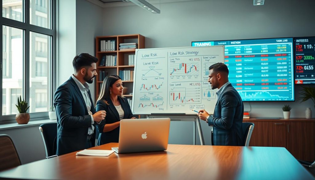 A serene and professional office environment showcasing a financial trading setup. In the foreground, a diverse group of three business professionals, dressed in smart casual attire, are intently discussing forex trading strategies while analyzing detailed charts on a sleek laptop. In the middle, a large whiteboard filled with low-risk forex strategy diagrams and key points, illuminated by soft, natural light coming from a nearby window, creating a warm and inviting atmosphere. The background features shelves with financial books and a large digital screen displaying live currency pair movements, adding to the ambiance of expertise and knowledge. The overall mood is focused and optimistic, emphasizing collaboration and strategy in a low-risk trading environment.