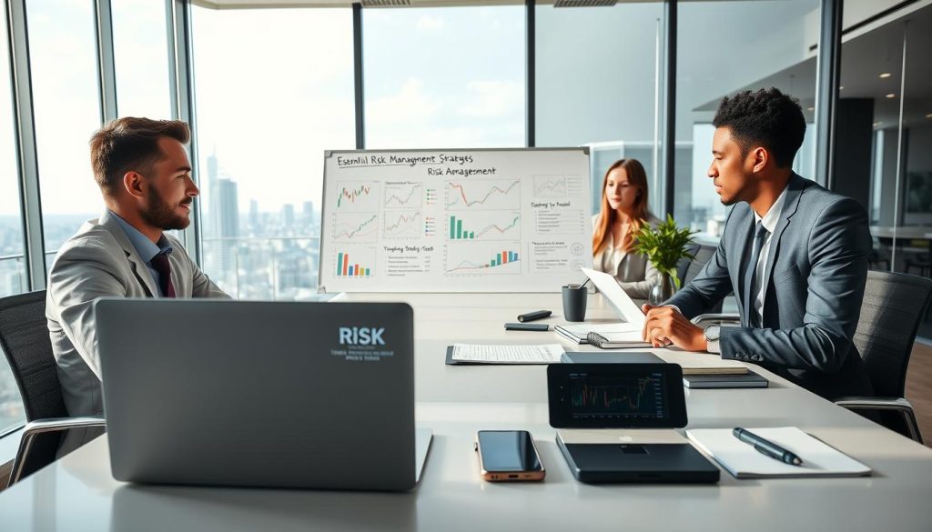A serene forex trading office setting, featuring a diverse group of three professionals in smart business attire engaged in discussion around a large, modern table. In the foreground, a sleek laptop displays candlestick charts and risk management software interfaces. On the table, tools such as a risk assessment calculator, a trading journal, and a smartphone with forex market alerts are prominently displayed. In the middle, a large whiteboard outlines essential risk management strategies with colorful graphs and bullet points. The background showcases a panoramic view of a modern city skyline through a floor-to-ceiling window, with soft natural light illuminating the scene, creating a calm and focused atmosphere ideal for successful trading.