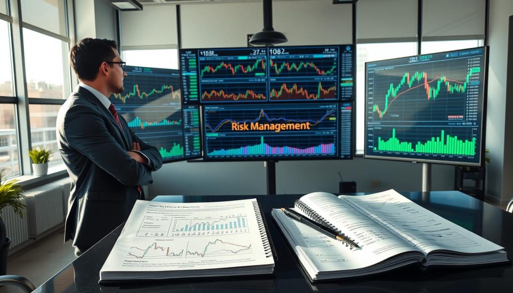 A serene office environment depicting a professional crypto trader analyzing charts on multiple large screens displaying stable cryptocurrency trading strategies. In the foreground, a focused individual in smart business attire stands with crossed arms, gazing at the screens. In the middle ground, various charts and graphs are visible, highlighting trends and risk management techniques, alongside a notepad filled with analytical notes and calculations. The background features large windows allowing natural light to flood the room, casting soft shadows, and creating a calm atmosphere. The overall mood reflects confidence and strategic thinking, emphasizing a sense of control in the often volatile world of cryptocurrency trading. The lighting should be bright yet soft, evoking a sense of clarity and focus on financial stability.