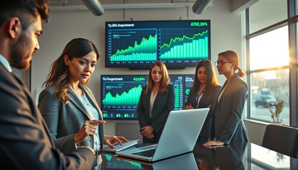A serene office environment showcasing a diverse group of professionals in smart business attire analyzing a digital chart of cryptocurrency investments. In the foreground, a confident woman points to a glowing laptop screen, highlighting stable crypto options like Bitcoin and Ethereum. The middle layer features a large screen displaying positive trend graphs and investment statistics in vibrant green and blue hues, symbolizing growth and safety. In the background, sunlight filters through large windows, casting a warm and inviting glow across the room, creating an atmosphere of optimism and opportunity. Use a wide-angle lens for a dynamic perspective, capturing both the focused team and the informative visuals, evoking a sense of strategic planning and confidence in low-risk investment choices.