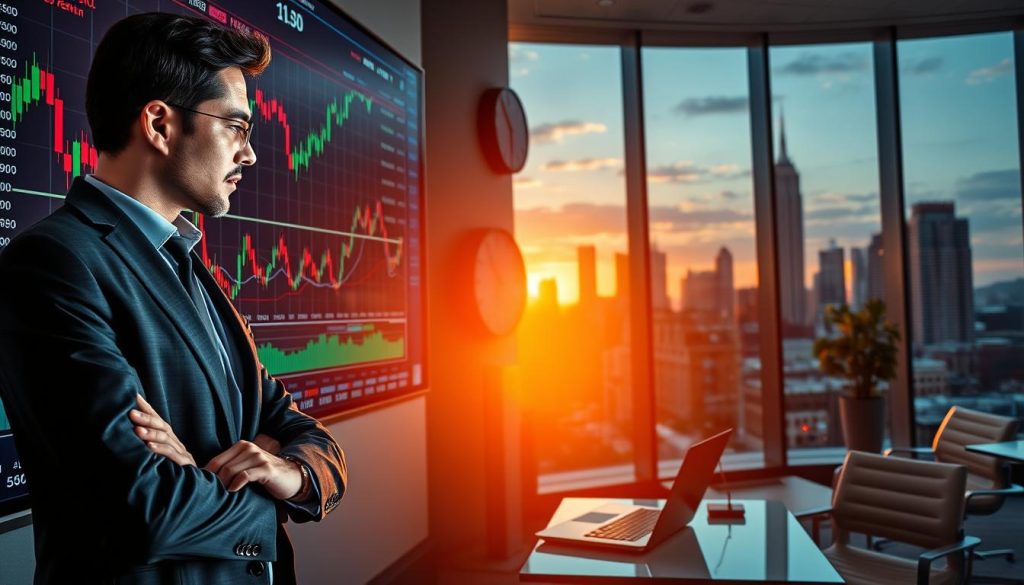 A vibrant, professional forex trading scene set in a modern office, focusing on a large digital trading screen displaying fluctuating currency graphs and indicators. In the foreground, a confident trader in professional business attire analyzes the data, with a thoughtful expression and a laptop open beside them. The middle ground features a contemporary workspace with sleek furniture, and a wall clock showing different global time zones, highlighting the best trading hours. The background reveals a large window with a city skyline at sunset, casting warm, golden light into the room, creating an atmosphere of opportunity and insight. The entire composition conveys a sense of focus, strategy, and the dynamic nature of forex trading.