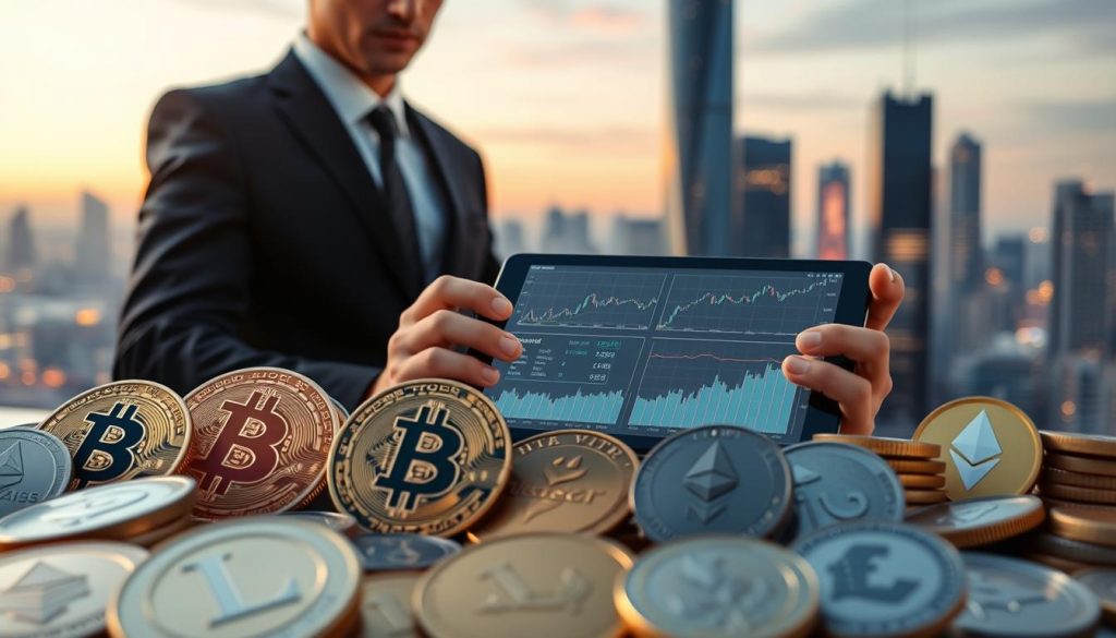 A visually striking representation of a cryptocurrency portfolio diversification concept, illustrating various coins like Bitcoin, Ethereum, and Litecoin in the foreground, arranged in an organized manner. In the middle ground, a professional-looking individual in smart business attire thoughtfully examines a digital tablet displaying charts and graphs of crypto assets. The background features a futuristic city skyline, symbolizing growth and innovation, bathed in soft, ambient lighting reflecting dusk, creating a calm yet optimistic atmosphere. The image should evoke a sense of stability and wisdom in investment, portraying both complexity and clarity in the cryptocurrency market, captured from a slightly elevated angle to emphasize the layers of the scene.